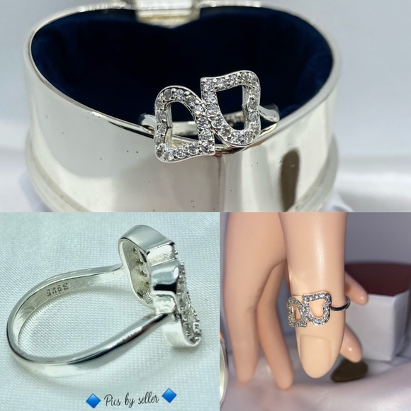 Micro Paved Double Open Heart 925 Silver Band Ring - Picture 5 of 6